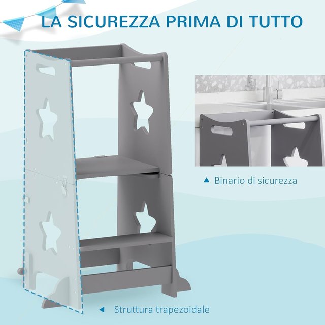 Torre Montessori para Niños Convertible en Juego de Mesa y Sillas con Barra de Seguridad, Taburete para Niños de 3-6 Años en Madera, Torre de Aprendizaje para Baño, Cocina y Aseo, Gris