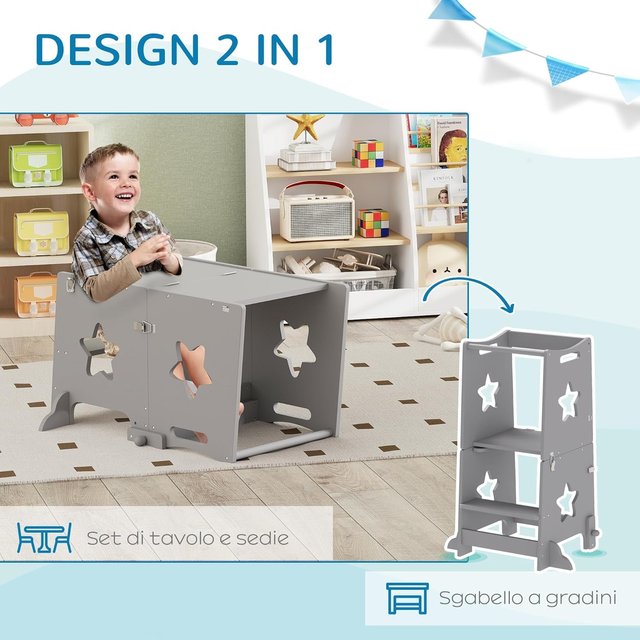 Torre Montessori para Niños Convertible en Juego de Mesa y Sillas con Barra de Seguridad, Taburete para Niños de 3-6 Años en Madera, Torre de Aprendizaje para Baño, Cocina y Aseo, Gris