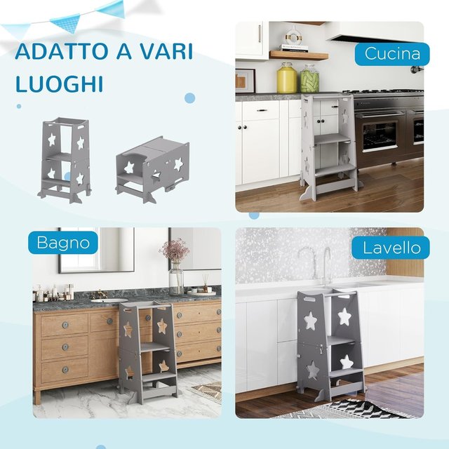 Torre Montessori para Niños Convertible en Juego de Mesa y Sillas con Barra de Seguridad, Taburete para Niños de 3-6 Años en Madera, Torre de Aprendizaje para Baño, Cocina y Aseo, Gris