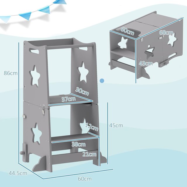Torre Montessori para Niños Convertible en Juego de Mesa y Sillas con Barra de Seguridad, Taburete para Niños de 3-6 Años en Madera, Torre de Aprendizaje para Baño, Cocina y Aseo, Gris