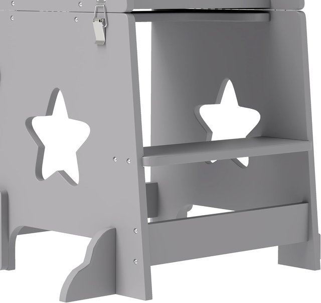 Torre Montessori para Niños Convertible en Juego de Mesa y Sillas con Barra de Seguridad, Taburete para Niños de 3-6 Años en Madera, Torre de Aprendizaje para Baño, Cocina y Aseo, Gris