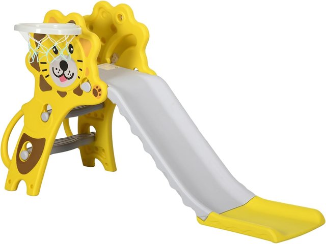 Tobogán para Niños de 18-36 Meses con Canasta de Baloncesto Lateral, Tobogán de Plástico, 131X50X74 Cm, Amarillo y Gris