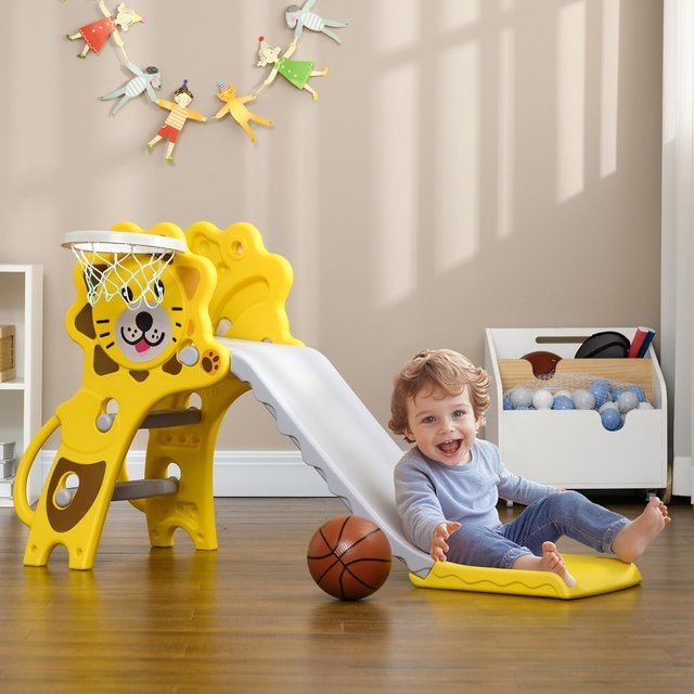 Tobogán para Niños de 18-36 Meses con Canasta de Baloncesto Lateral, Tobogán de Plástico, 131X50X74 Cm, Amarillo y Gris