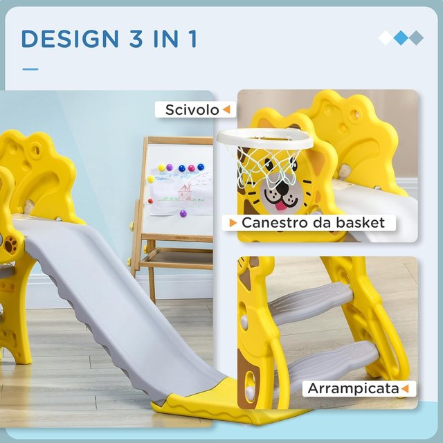 Tobogán para Niños de 18-36 Meses con Canasta de Baloncesto Lateral, Tobogán de Plástico, 131X50X74 Cm, Amarillo y Gris