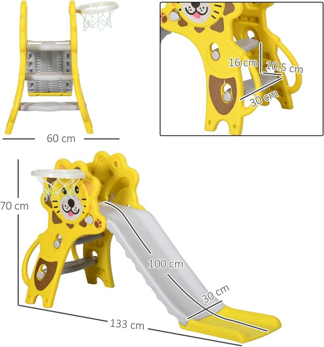 Tobogán para Niños de 18-36 Meses con Canasta de Baloncesto Lateral, Tobogán de Plástico, 131X50X74 Cm, Amarillo y Gris