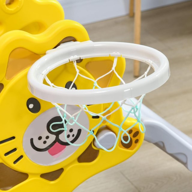 Tobogán para Niños de 18-36 Meses con Canasta de Baloncesto Lateral, Tobogán de Plástico, 131X50X74 Cm, Amarillo y Gris