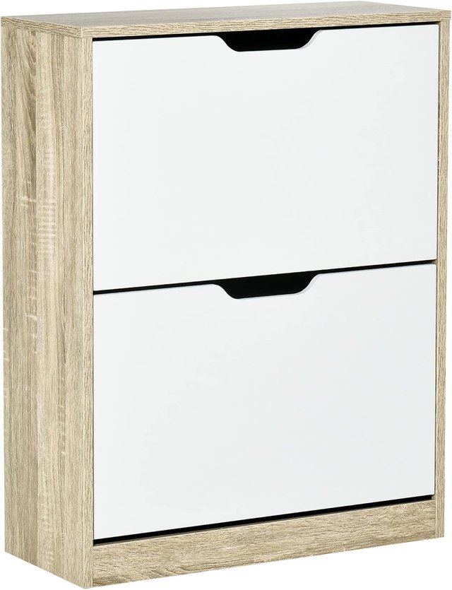 Zapatero Compacto Slim Con 2 Puertas Abatibles, Zapatero de Entrada Con Estantes Ajustables, Soporte Para 8 Pares Con Manija Empotrada, 62.5X26X81 Cm, Color Madera Y Blanco