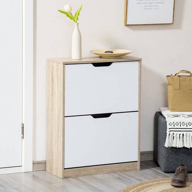Zapatero Compacto Slim Con 2 Puertas Abatibles, Zapatero de Entrada Con Estantes Ajustables, Soporte Para 8 Pares Con Manija Empotrada, 62.5X26X81 Cm, Color Madera Y Blanco