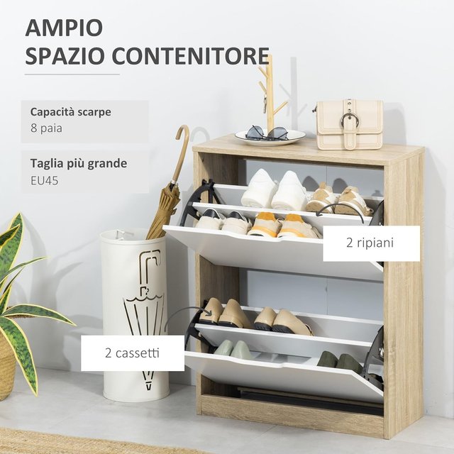 Zapatero Compacto Slim Con 2 Puertas Abatibles, Zapatero de Entrada Con Estantes Ajustables, Soporte Para 8 Pares Con Manija Empotrada, 62.5X26X81 Cm, Color Madera Y Blanco
