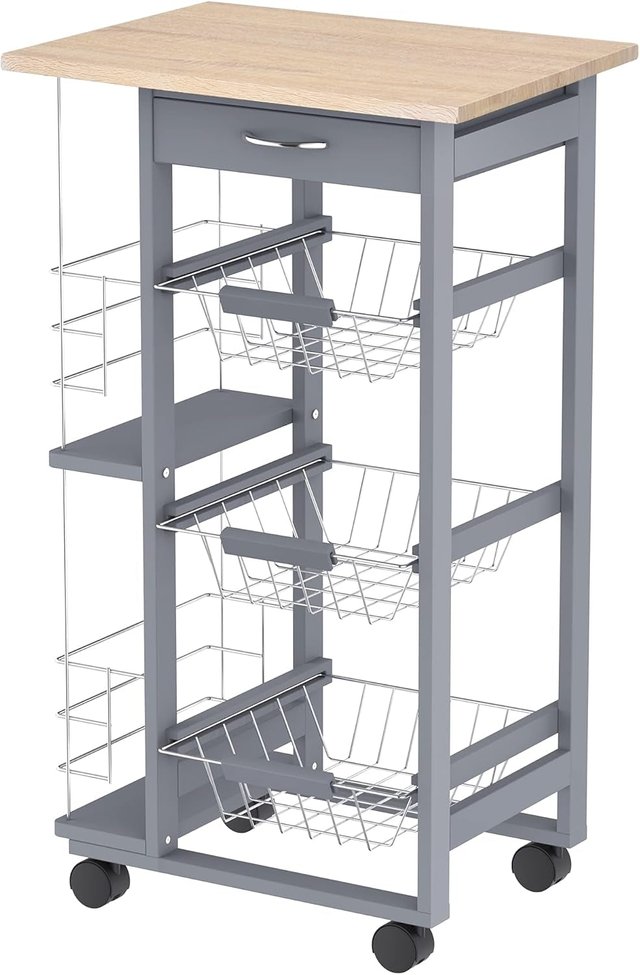 Carrito De Cocina Con 3 Cajones Extraíbles, Un Cajón Y 2 Portabotellas, Carrito Organizador De Madera De Pino Y Metal, 47X37X83 Cm, Color Roble Y Gris