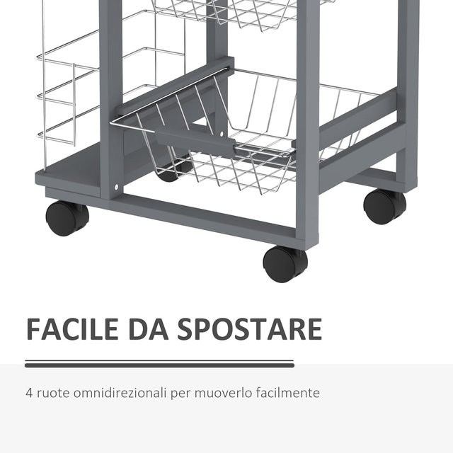 Carrito De Cocina Con 3 Cajones Extraíbles, Un Cajón Y 2 Portabotellas, Carrito Organizador De Madera De Pino Y Metal, 47X37X83 Cm, Color Roble Y Gris
