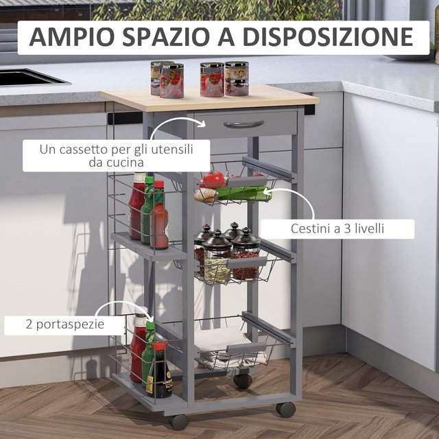 Carrito De Cocina Con 3 Cajones Extraíbles, Un Cajón Y 2 Portabotellas, Carrito Organizador De Madera De Pino Y Metal, 47X37X83 Cm, Color Roble Y Gris