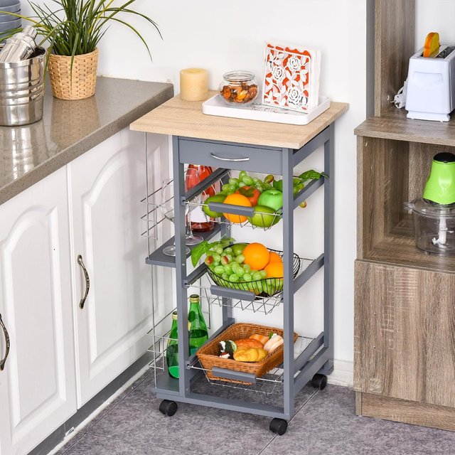 Carrito De Cocina Con 3 Cajones Extraíbles, Un Cajón Y 2 Portabotellas, Carrito Organizador De Madera De Pino Y Metal, 47X37X83 Cm, Color Roble Y Gris