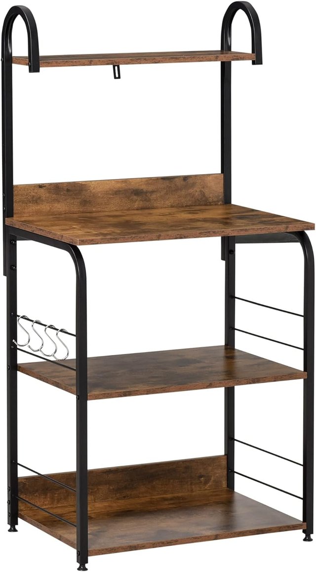 Mueble para Microondas de 4 Estantes y 4 Ganchos, Mueble de Cocina en Acero y Madera 60X40X125Cm, Marrón Rústico
