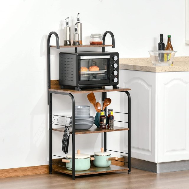 Mueble para Microondas de 4 Estantes y 4 Ganchos, Mueble de Cocina en Acero y Madera 60X40X125Cm, Marrón Rústico