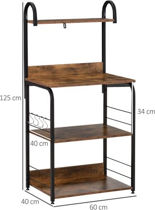 Mueble para Microondas de 4 Estantes y 4 Ganchos, Mueble de Cocina en Acero y Madera 60X40X125Cm, Marrón Rústico