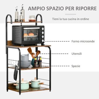 Mueble para Microondas de 4 Estantes y 4 Ganchos, Mueble de Cocina en Acero y Madera 60X40X125Cm, Marrón Rústico