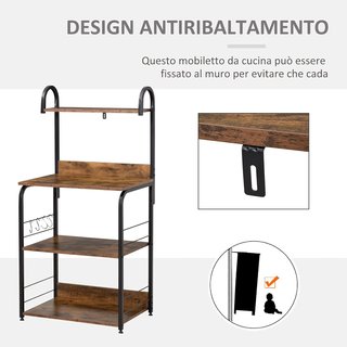 Mueble para Microondas de 4 Estantes y 4 Ganchos, Mueble de Cocina en Acero y Madera 60X40X125Cm, Marrón Rústico