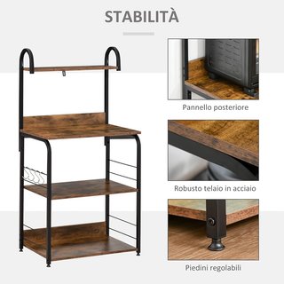 Mueble para Microondas de 4 Estantes y 4 Ganchos, Mueble de Cocina en Acero y Madera 60X40X125Cm, Marrón Rústico
