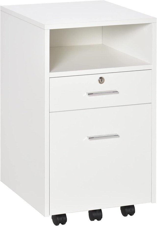 Archivador De Oficina Con 2 Cajones, 5 Ruedas Y Estante Abierto, Cajonera De Oficina Con Cerradura Y 2 Llaves para Carta/Formato A4, Armario Vertical Para Estudio, 39X40X65 Cm, Blanco