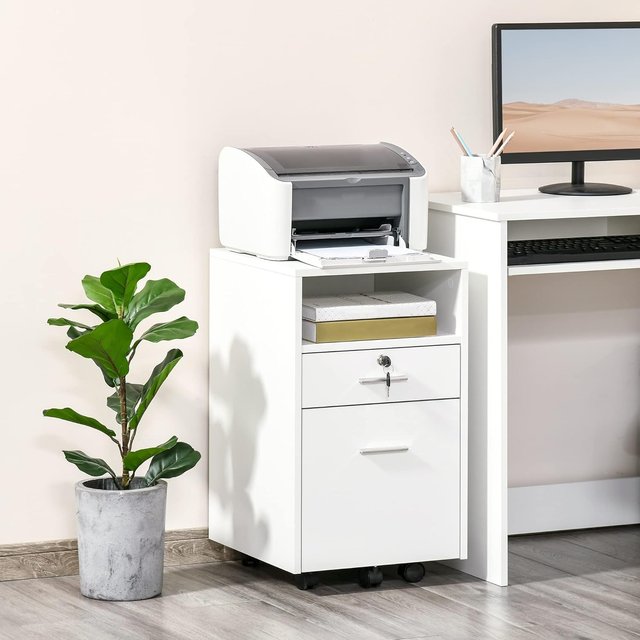 Archivador De Oficina Con 2 Cajones, 5 Ruedas Y Estante Abierto, Cajonera De Oficina Con Cerradura Y 2 Llaves para Carta/Formato A4, Armario Vertical Para Estudio, 39X40X65 Cm, Blanco