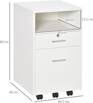 Archivador De Oficina Con 2 Cajones, 5 Ruedas Y Estante Abierto, Cajonera De Oficina Con Cerradura Y 2 Llaves para Carta/Formato A4, Armario Vertical Para Estudio, 39X40X65 Cm, Blanco