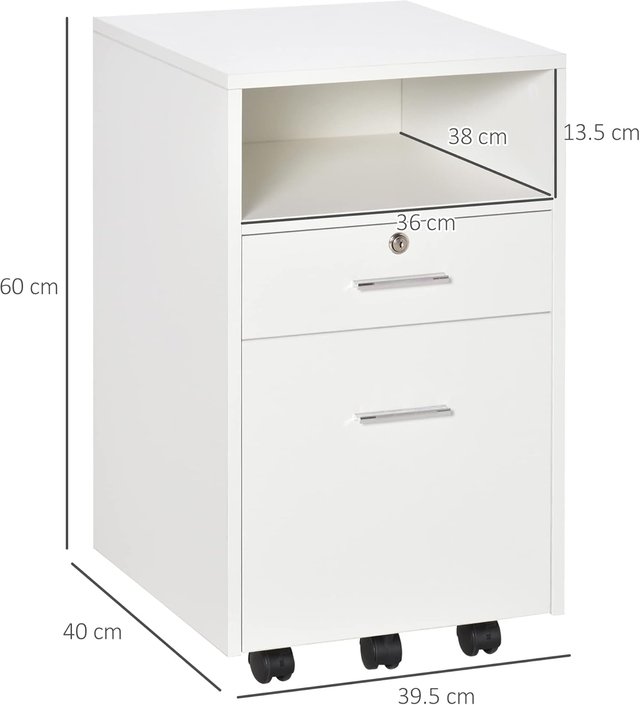Archivador De Oficina Con 2 Cajones, 5 Ruedas Y Estante Abierto, Cajonera De Oficina Con Cerradura Y 2 Llaves para Carta/Formato A4, Armario Vertical Para Estudio, 39X40X65 Cm, Blanco