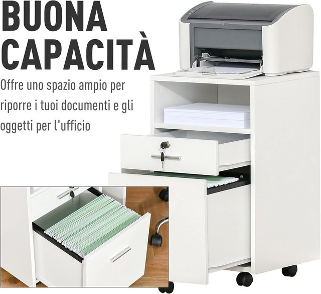 Archivador De Oficina Con 2 Cajones, 5 Ruedas Y Estante Abierto, Cajonera De Oficina Con Cerradura Y 2 Llaves para Carta/Formato A4, Armario Vertical Para Estudio, 39X40X65 Cm, Blanco