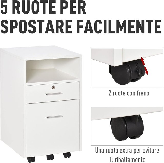 Archivador De Oficina Con 2 Cajones, 5 Ruedas Y Estante Abierto, Cajonera De Oficina Con Cerradura Y 2 Llaves para Carta/Formato A4, Armario Vertical Para Estudio, 39X40X65 Cm, Blanco
