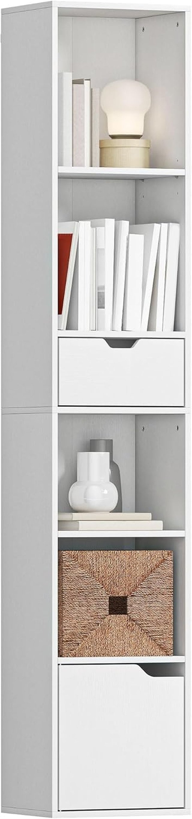 Estantería de 6 Niveles, Estantería Vertical Ahorra Espacio con Armario, Estante Regulable y Cajón, para Sala de Estar, Dormitorio, Oficina, Estudio, 30X24X158 Cm, Blanco