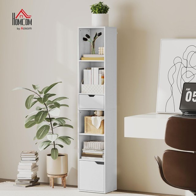 Estantería de 6 Niveles, Estantería Vertical Ahorra Espacio con Armario, Estante Regulable y Cajón, para Sala de Estar, Dormitorio, Oficina, Estudio, 30X24X158 Cm, Blanco