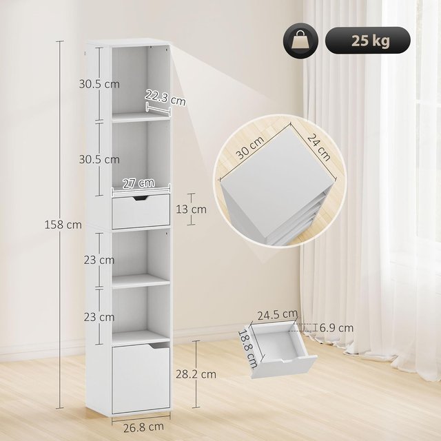 Estantería de 6 Niveles, Estantería Vertical Ahorra Espacio con Armario, Estante Regulable y Cajón, para Sala de Estar, Dormitorio, Oficina, Estudio, 30X24X158 Cm, Blanco