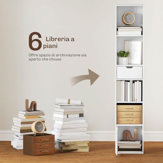 Estantería de 6 Niveles, Estantería Vertical Ahorra Espacio con Armario, Estante Regulable y Cajón, para Sala de Estar, Dormitorio, Oficina, Estudio, 30X24X158 Cm, Blanco