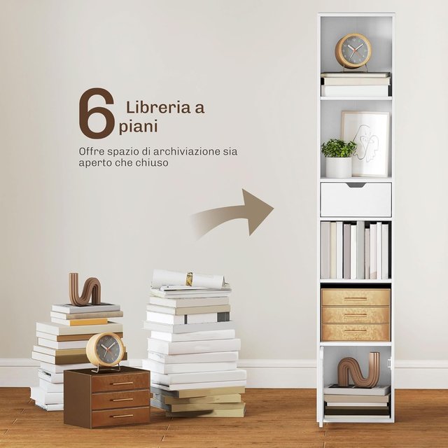 Estantería de 6 Niveles, Estantería Vertical Ahorra Espacio con Armario, Estante Regulable y Cajón, para Sala de Estar, Dormitorio, Oficina, Estudio, 30X24X158 Cm, Blanco