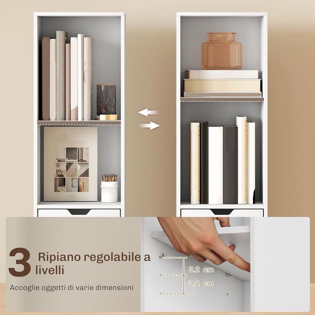 Estantería de 6 Niveles, Estantería Vertical Ahorra Espacio con Armario, Estante Regulable y Cajón, para Sala de Estar, Dormitorio, Oficina, Estudio, 30X24X158 Cm, Blanco