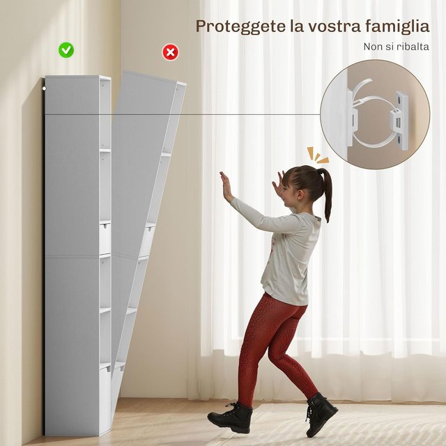 Estantería de 6 Niveles, Estantería Vertical Ahorra Espacio con Armario, Estante Regulable y Cajón, para Sala de Estar, Dormitorio, Oficina, Estudio, 30X24X158 Cm, Blanco