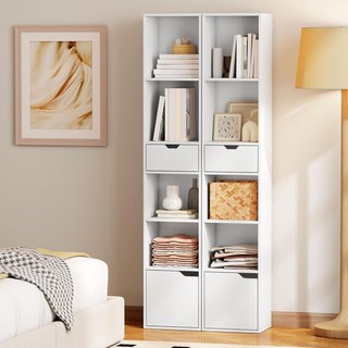 Estantería de 6 Niveles, Estantería Vertical Ahorra Espacio con Armario, Estante Regulable y Cajón, para Sala de Estar, Dormitorio, Oficina, Estudio, 30X24X158 Cm, Blanco