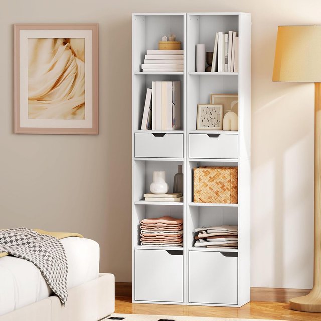 Estantería de 6 Niveles, Estantería Vertical Ahorra Espacio con Armario, Estante Regulable y Cajón, para Sala de Estar, Dormitorio, Oficina, Estudio, 30X24X158 Cm, Blanco