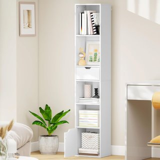 Estantería de 6 Niveles, Estantería Vertical Ahorra Espacio con Armario, Estante Regulable y Cajón, para Sala de Estar, Dormitorio, Oficina, Estudio, 30X24X158 Cm, Blanco