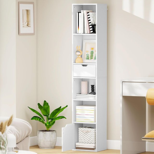 Estantería de 6 Niveles, Estantería Vertical Ahorra Espacio con Armario, Estante Regulable y Cajón, para Sala de Estar, Dormitorio, Oficina, Estudio, 30X24X158 Cm, Blanco