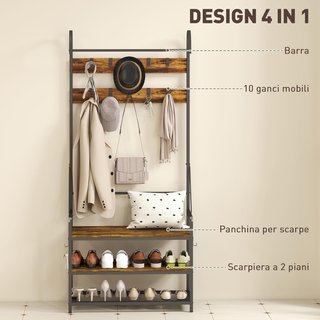 Perchero de Entrada con Barra, 10 Ganchos Móviles, Banco y Zapatero de 2 Niveles, Mueble Perchero de Aglomerado y Metal, Diseño Industrial, 80X40X182 Cm, Marrón y Negro