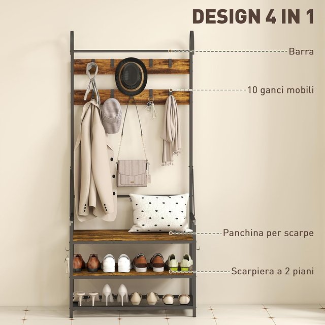 Perchero de Entrada con Barra, 10 Ganchos Móviles, Banco y Zapatero de 2 Niveles, Mueble Perchero de Aglomerado y Metal, Diseño Industrial, 80X40X182 Cm, Marrón y Negro