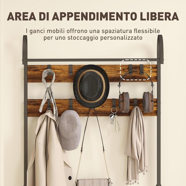 Perchero de Entrada con Barra, 10 Ganchos Móviles, Banco y Zapatero de 2 Niveles, Mueble Perchero de Aglomerado y Metal, Diseño Industrial, 80X40X182 Cm, Marrón y Negro