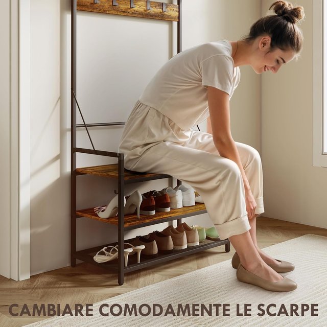 Perchero de Entrada con Barra, 10 Ganchos Móviles, Banco y Zapatero de 2 Niveles, Mueble Perchero de Aglomerado y Metal, Diseño Industrial, 80X40X182 Cm, Marrón y Negro