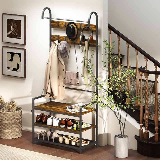 Perchero de Entrada con Barra, 10 Ganchos Móviles, Banco y Zapatero de 2 Niveles, Mueble Perchero de Aglomerado y Metal, Diseño Industrial, 80X40X182 Cm, Marrón y Negro