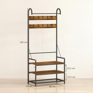 Perchero de Entrada con Barra, 10 Ganchos Móviles, Banco y Zapatero de 2 Niveles, Mueble Perchero de Aglomerado y Metal, Diseño Industrial, 80X40X182 Cm, Marrón y Negro