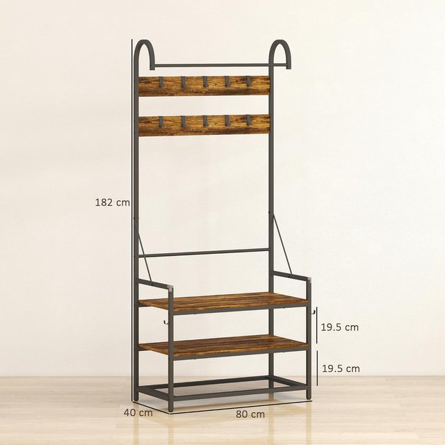 Perchero de Entrada con Barra, 10 Ganchos Móviles, Banco y Zapatero de 2 Niveles, Mueble Perchero de Aglomerado y Metal, Diseño Industrial, 80X40X182 Cm, Marrón y Negro