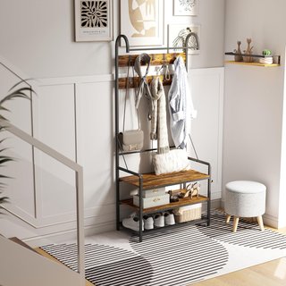 Perchero de Entrada con Barra, 10 Ganchos Móviles, Banco y Zapatero de 2 Niveles, Mueble Perchero de Aglomerado y Metal, Diseño Industrial, 80X40X182 Cm, Marrón y Negro