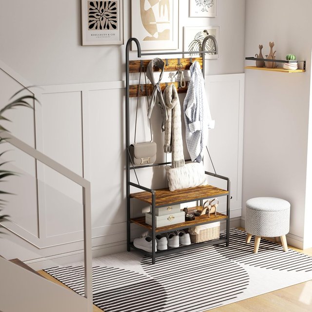 Perchero de Entrada con Barra, 10 Ganchos Móviles, Banco y Zapatero de 2 Niveles, Mueble Perchero de Aglomerado y Metal, Diseño Industrial, 80X40X182 Cm, Marrón y Negro