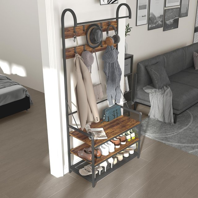 Perchero de Entrada con Barra, 10 Ganchos Móviles, Banco y Zapatero de 2 Niveles, Mueble Perchero de Aglomerado y Metal, Diseño Industrial, 80X40X182 Cm, Marrón y Negro